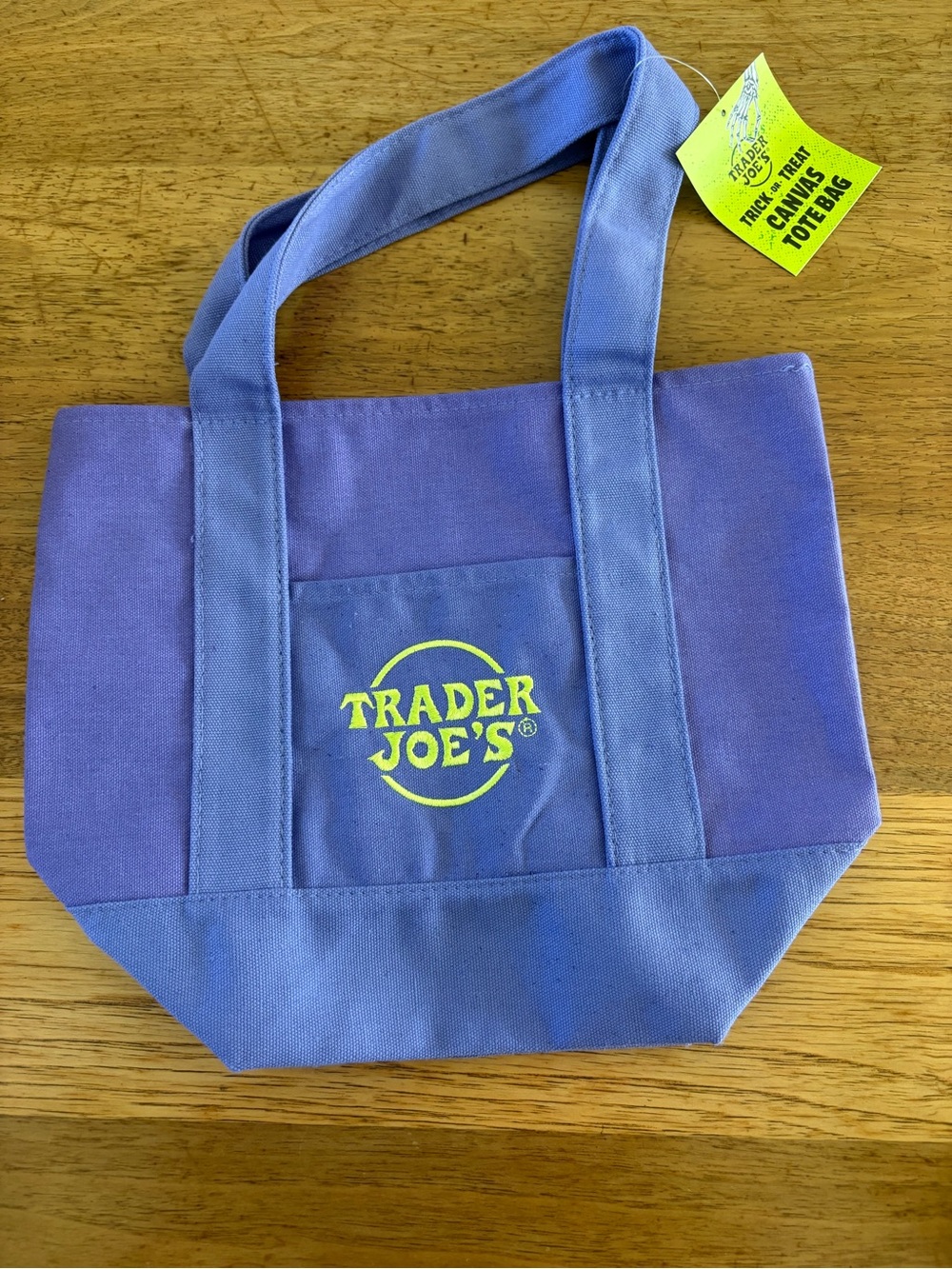 Trader Joe’s Mini Tote Bag in Purple with Lime green logo